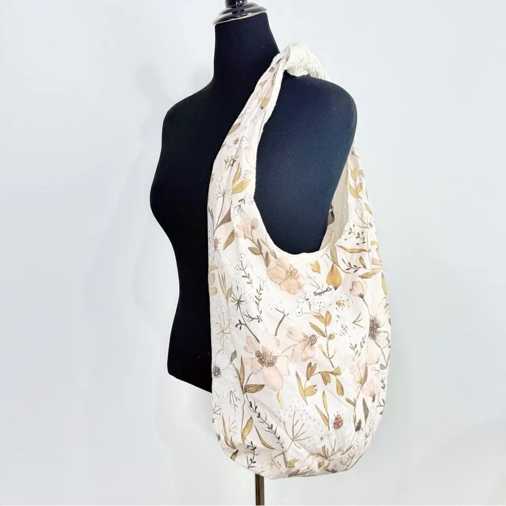 Baggagean and Co. Pink Floral Cream Waffle Knit Soft Reversible Fabric Hobo Bag